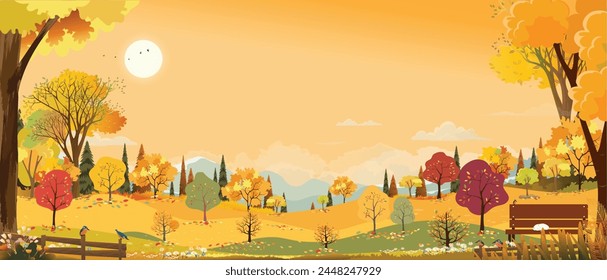 Autumn landscape with forest tree background,Cartoon Scene Fall Season Mountain,Meadow,Orange Foliage,Cloud,Yellow Sunset Sky,Vector nature morning sunrise grass field,maple tree,farm land in country