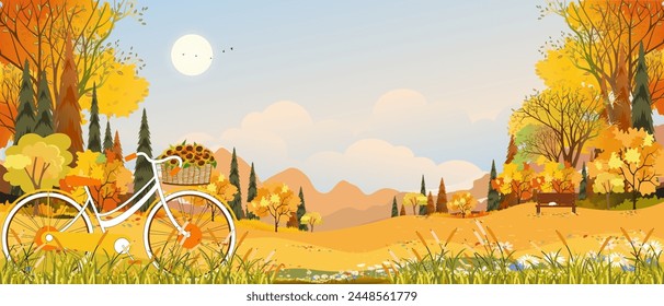 Paisaje del otoño con el fondo del árbol del bosque, Cartoon Scene Otoño Temporada Montaña, Prado, Follaje anaranjado, Nube, Cielo amarillo de la puesta del sol, Vector naturaleza mañana amanecer campo de hierba, árbol de arce, tierra de la granja en el país