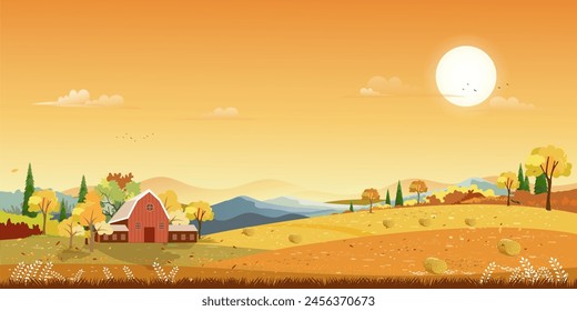 Paisaje del otoño con el fondo del árbol del bosque, Cartoon Scene Otoño Temporada Montaña, Prado, Follaje anaranjado, Nube, Cielo amarillo de la puesta del sol, Vector naturaleza mañana amanecer campo de hierba, árbol de arce, tierra de la granja en el país