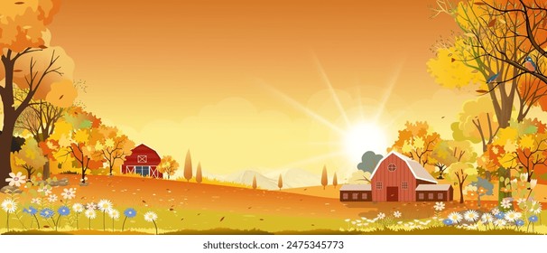 Paisaje del otoño con el fondo del árbol del bosque, Cartoon Scene Otoño Temporada Montaña, Prado, Follaje anaranjado, Nube, Cielo amarillo de la puesta del sol, Vector naturaleza mañana amanecer campo de hierba, árbol de arce, tierra de la granja en el país