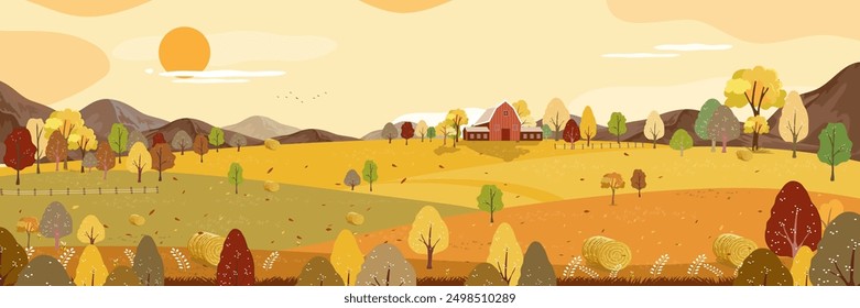 Autumn landscape with forest tree background,Cartoon Scene Fall Season Mountain,Meadow,Orange Foliage,Cloud,Yellow Sunset Sky,Vector nature morning sunrise grass field,maple tree,farm land in country