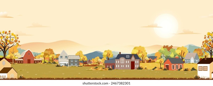 Autumn landscape with forest tree background,Seamless Pattern Fall Season Mountain,Meadow,Orange Foliage,Cloud,Yellow Sunset Sky,Nature morning sunrise grass field,maple tree,farm land in country