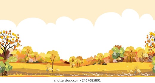 Paisaje del otoño con el fondo del árbol del bosque, patrón sin fisuras de la estación del otoño de la montaña, pradera, follaje anaranjado, nube, cielo amarillo del atardecer, Naturaleza amanecer campo de hierba, árbol de arce, tierra de la granja en el país