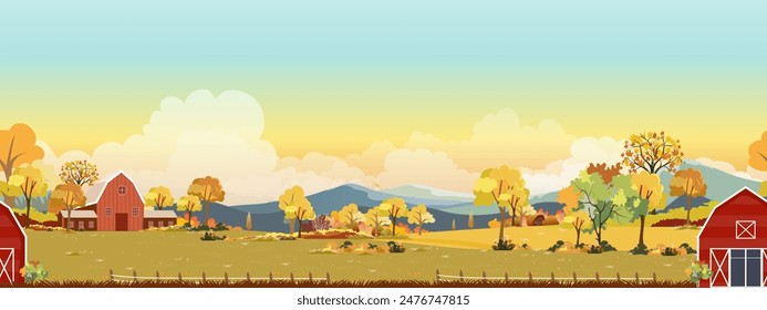 Autumn landscape with forest tree background,Seamless Pattern Fall Season Mountain,Meadow,Orange Foliage,Cloud,Yellow Sunset Sky,Nature morning sunrise grass field,maple tree,farm land in country