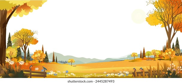 Autumn landscape with forest tree on white background,Cartoon Scene Fall Season Mountain,Meadow,Orange Foliage,Vector nature with grass field,maple tree,farm land in countryside