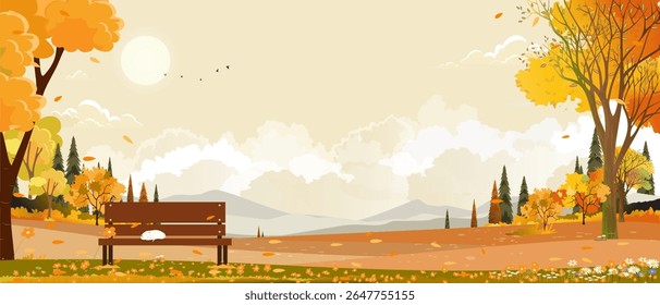 Autumn landscape with forest tree on white background,Cartoon Scene Fall Season Mountain,Meadow,Orange Foliage,Vector nature with grass field,maple tree,farm land in countryside