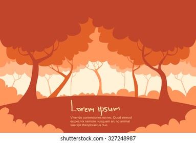 Otoño Paisaje Bosque Árbol Siluetas Piso Retro Ilustración vectorial de Bosques