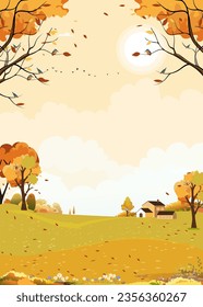 Árbol boscoso paisajístico otoñal, campo de césped con cielo de amanecer sobre montaña, Aldea rural de temporada otoño con cielo nublado y sol en follaje amarillo, Caricatura vectorial naturaleza banner vertical Fondo otoño