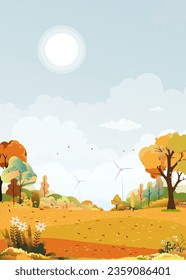 Autumn landscape forest tree,grass field with sunrise sky over mountain,Fall season countryside village with cloud sky and Sun in yellow foliage,Vector cartoon vertical banner nature Autumn background