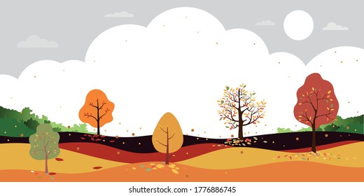 Autumn landscape forest trees in countryside, Vector cartoon of mid autumn field with leaves falling from trees in orange foliage.Cute wonderland banner in fall season