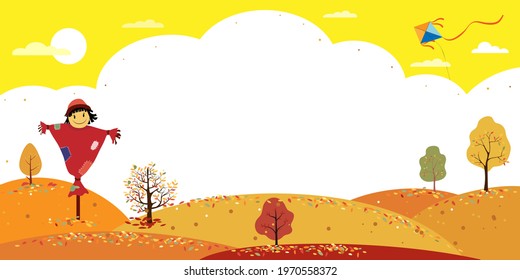 Autumn landscape forest trees and cute cartoon smiling scarecrow standing on hills,Vector Mid autumn field with leaves falling on ground in orange foliage. Backdrop wonderland banner in fall season