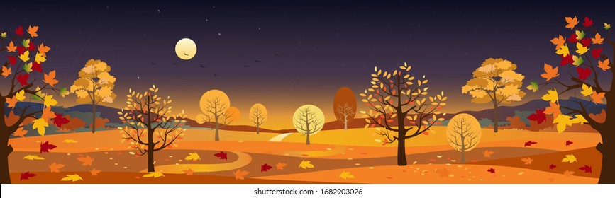 Autumn landscape forest trees with full moon and stars at night,Vector cartoon Panoramic of mid autumn field, mountains, leaves falling from trees in orange foliage.Wonderland landscape in fall season