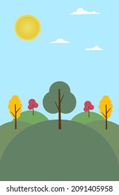 Árboles boscosos del paisaje otoñal, caricatura vectorial de mediados de otoño. Banner de Cute wonderland en temporada otoño. El paisaje otoñal. Dibujo de dibujos animados de un colorido bosque otoñal