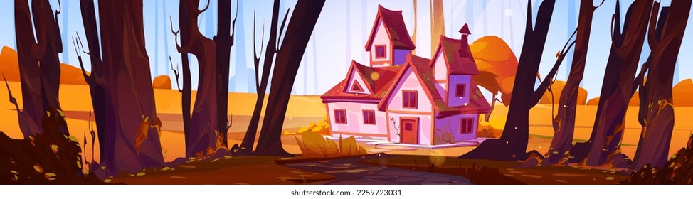 Autumn landscape with forest and village house. Nature scene with countryside cottage, garden with trees and bushes with orange foliage in fall, vector cartoon illustration