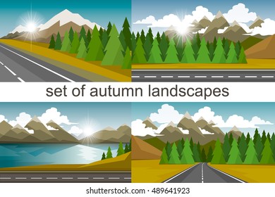 The autumn landscape of forests, mountains, road and lake.