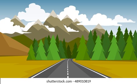 The autumn landscape of forests, mountains and roads.