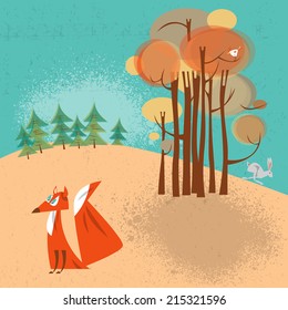 Autumn landscape. Fox and rabbit. Vector illustration