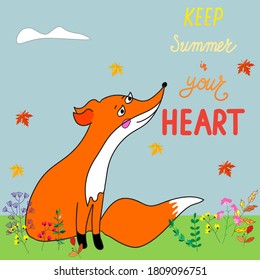 Autumn landscape with a Fox, sad, sad Fox, vector illustration. Lettering phrase Keep summer in your heart