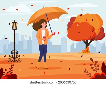 Autumn landscape. The girl goes under an umbrella. Autumn background. Vector illustration in flat style. EPS 10
