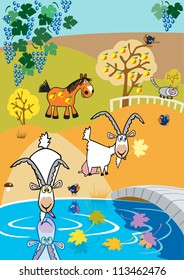 autumn landscape with goats and horse,children illustration with cartoon animal,colorful vector picture