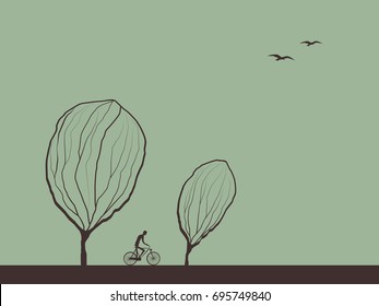 Autumn landscape hand drawn vector illustration with cyclist on bike trail between trees. Eps10 vector illustration.