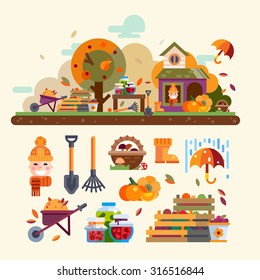 Autumn landscape: harvest, house, tree with apples, pumpkin, rain and umbrella. Objects and tools for garden: basket of mushrooms, boxes of vegetables and fruit, rake, shovel. Vector flat illustration