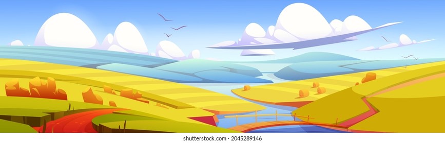 Autumn landscape with hay bales on agriculture field, road and wooden bridge over river. Vector cartoon illustration of countryside, farmland with round wheat straw rolls and blue water stream