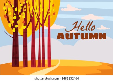 Autumn landscape, Hello autumn fall trees with yellow leaves. Template poster, brochures, posters, postcards vector, isolated, cartoon style