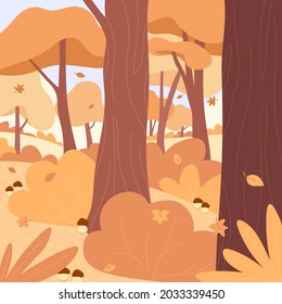 Herbstlandschaft. Hügel, Felder und Bäume mit gelbem Blattwerk. Vektorgrafik in Flachstil