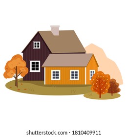 Autumn landscape with a hous, mountains and trees. Vector illustration.