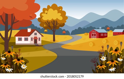 Autumn landscape with a house, barn, road, fields, hill, flawers, tree, mountains. Cute vector illustration in flat style.