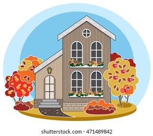 Autumn Landscape. House, Flower pots, Apple Garden. Fall background.