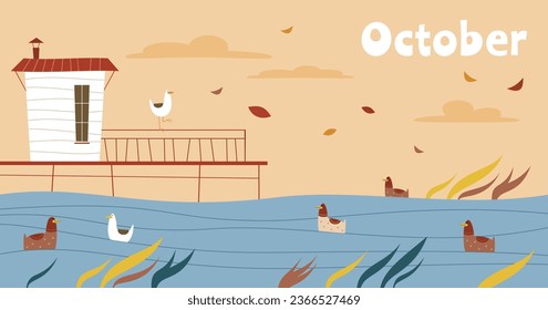 Autumn landscape: house on the shore of a pond with ducks and seagulls. Vector illustration.