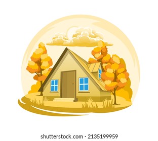 Autumn landscape. House surrounded by trees. Vector illustration