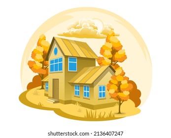 Paisaje otoñal. Casa rodeada de árboles. Ilustración del vector