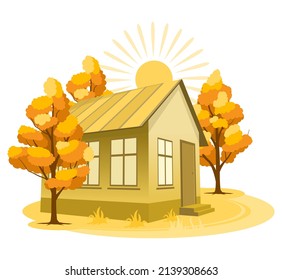 Autumn landscape. House surrounded by trees. Vector illustration