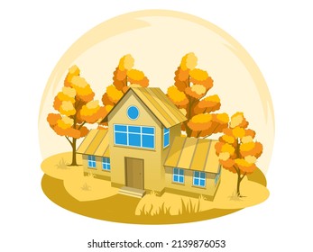 Autumn landscape. House surrounded by trees. Vector illustration