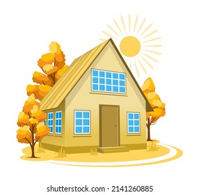 Autumn landscape. House surrounded by trees. Vector illustration