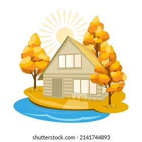 Autumn landscape. House surrounded by trees. Vector illustration