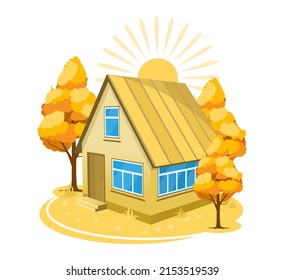 Autumn landscape. House surrounded by trees. Vector illustration