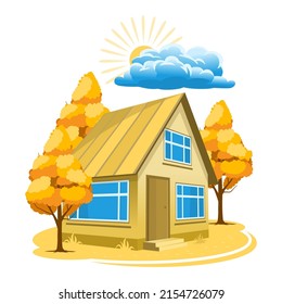 Autumn landscape. House surrounded by trees. Vector illustration