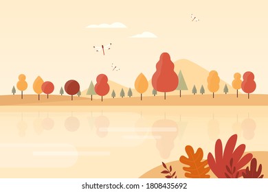 Autumn landscape illustration of brown trees and lake.
