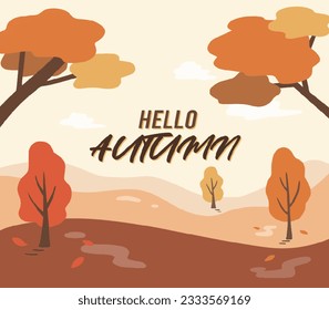 Autumn landscape illustration with hello autumn text