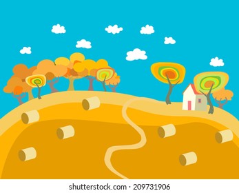 Autumn landscape. Illustration of rural nighland with lonely farm house near to the forest. Sunny day, blue sky, harvest. Vector cartoon background. 