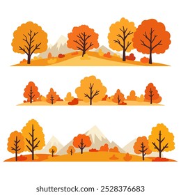 Un conjunto de ilustración de paisaje de otoño con árboles y hojas de colores en una vista panorámica. Bosque en colinas con tonos amarillos y naranjas. La temporada de otoño. Perfecto para Anuncios o Fondo de pantalla. No la IA.
