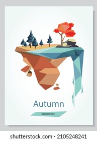 Autumn landscape island with trees, stones and waterfall in geometric low poly style. The concept of tourism and environmental protection for the design of book covers, brochures, computer games, etc.