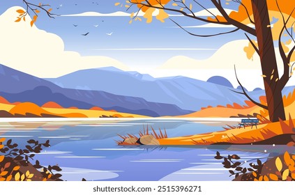 Autumn landscape lake mountains fall foliage serene nature scene trees water colorful sky bench outdoor peaceful scenery