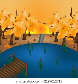 Autumn landscape with lake, reeds, wooden bridge, trees and sunset. A picture with a rustic landscape with a pond and a forest.