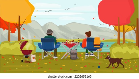 Autumn landscape, leaf fall. Picnic, rest, barbecue of a married couple by the river in nature. Vector illustration.
