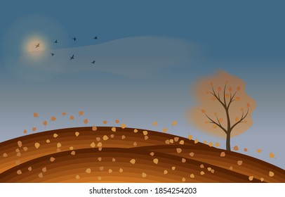 Autumn landscape with leaves and birds. Background.